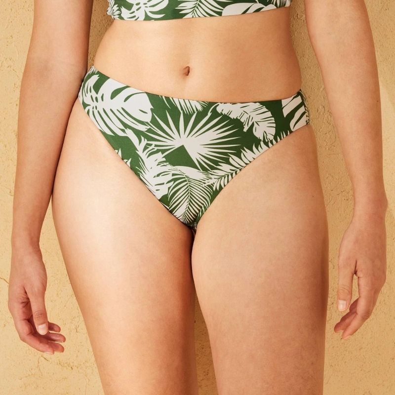 Photo 1 of (XS) Women's Reversible Mid-Rise High Leg Medium Coverage Hipster Bikini Bottom - Shade & Shore™ Green Palm Print XS: Nylon Spandex Blend