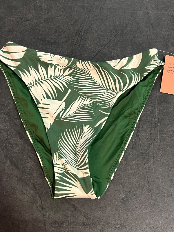 Photo 1 of (XS) Women's Reversible Mid-Rise High Leg Medium Coverage Hipster Bikini Bottom - Shade & Shore™ Green Palm Print XS: Nylon Spandex Blend