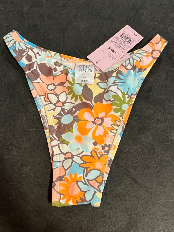 Photo 1 of (XS) Women's Mid-Rise Super Cheeky Coverage Ultra High Leg Bikini Bottom - Wild Fable™ Neutral Floral Print XS: Nylon-Spandex Blend
