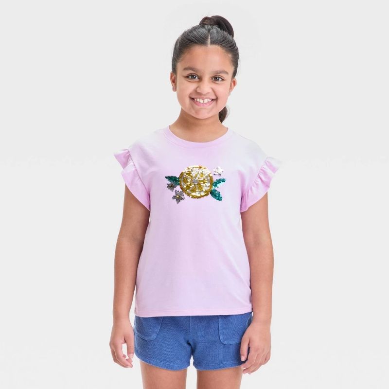 Photo 1 of (S) Girls' Short Sleeve 'Lemon' Flip Sequin T-Shirt - Cat & Jack™ Light Purple S: Ruffle Crew Neck, Abstract Pattern
