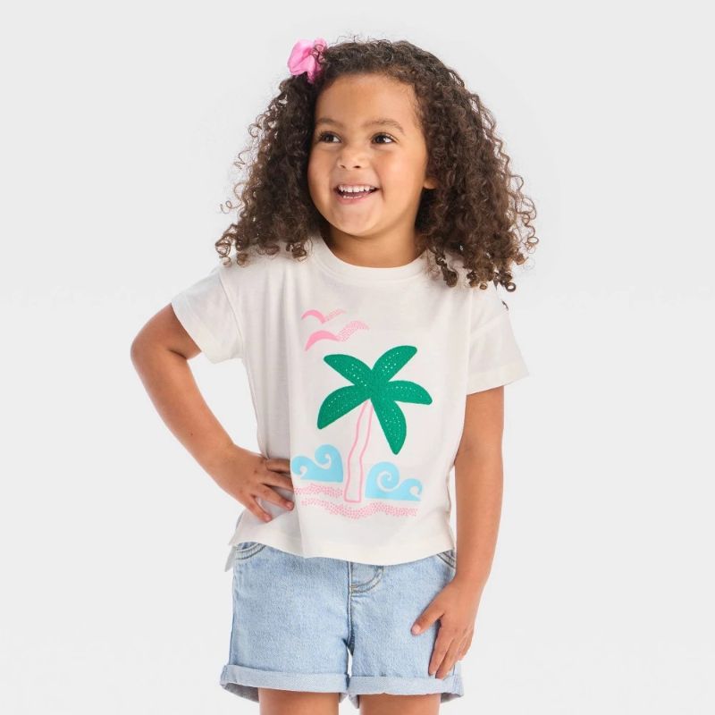 Photo 1 of 3T Toddler Girls' Boxy Short Sleeve Palm Tree Graphic T-Shirt - Cat & Jack™ Cream 3T
