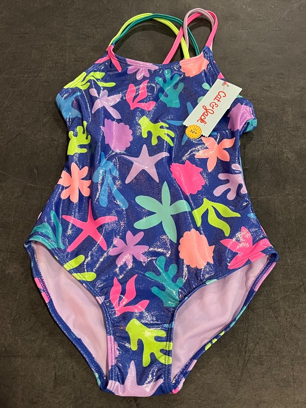 Photo 1 of (M) Girls' Underwater Abstraction Star Fish Printed One Piece Swimsuit - Cat & Jack™ M: UPF 50+, Sleeveless, Tricot