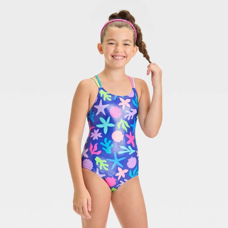 Photo 1 of (M) Girls' Underwater Abstraction Star Fish Printed One Piece Swimsuit - Cat & Jack™ M: UPF 50+, Sleeveless, Tricot
