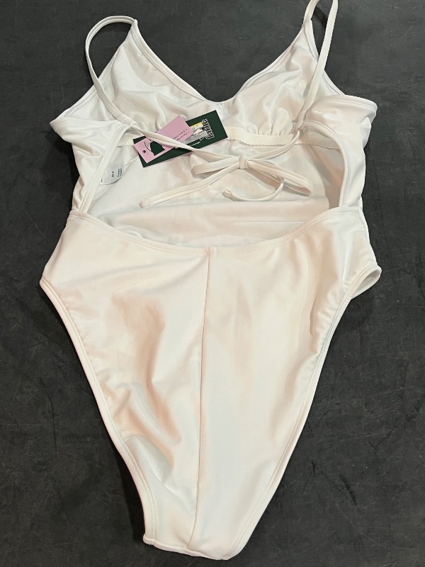 Photo 1 of (S) Women's Tie Back Extra High Leg Extra Cheeky One Piece Swimsuit - Wild Fable™ White S: Recycled Polyester, Spandex, Adjustable Strap
