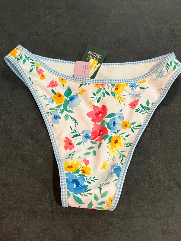 Photo 1 of (S) Women's Contrast Binding Mid-Rise Ultra High Leg Super Cheeky Bikini Bottom - Wild Fable™ Blue Floral Print S: Recycled Polyester, Spandex

