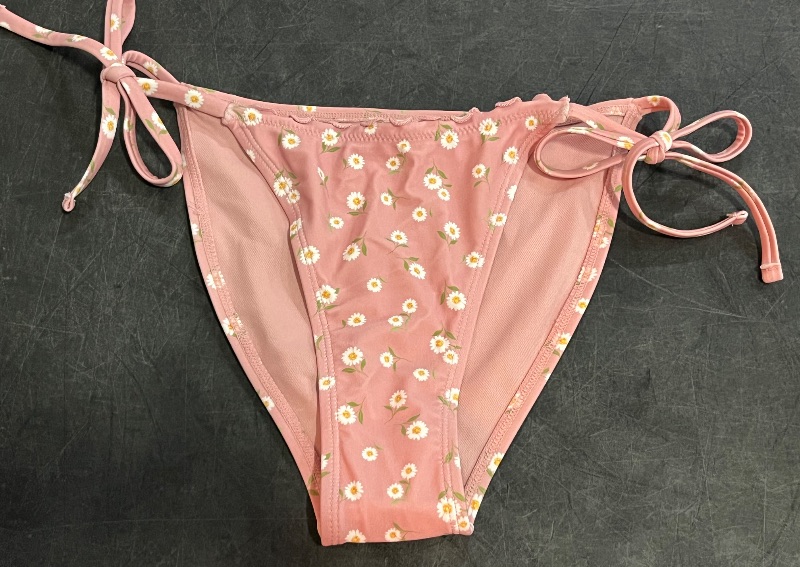 Photo 1 of (XS) Women's Ditsy Floral Print Lettuce Edge Front Trim Low-Rise High Leg Cheeky Bikini Bottom - Wild Fable™ Pink XS
