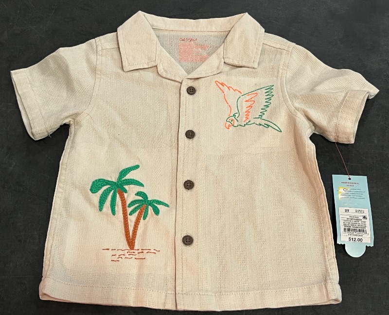 View 2 of 2T Toddler Boys' Embroidered Tropical T-Shirt - Cat & Jack™ Cream 2T: Bird Pattern, Button Down