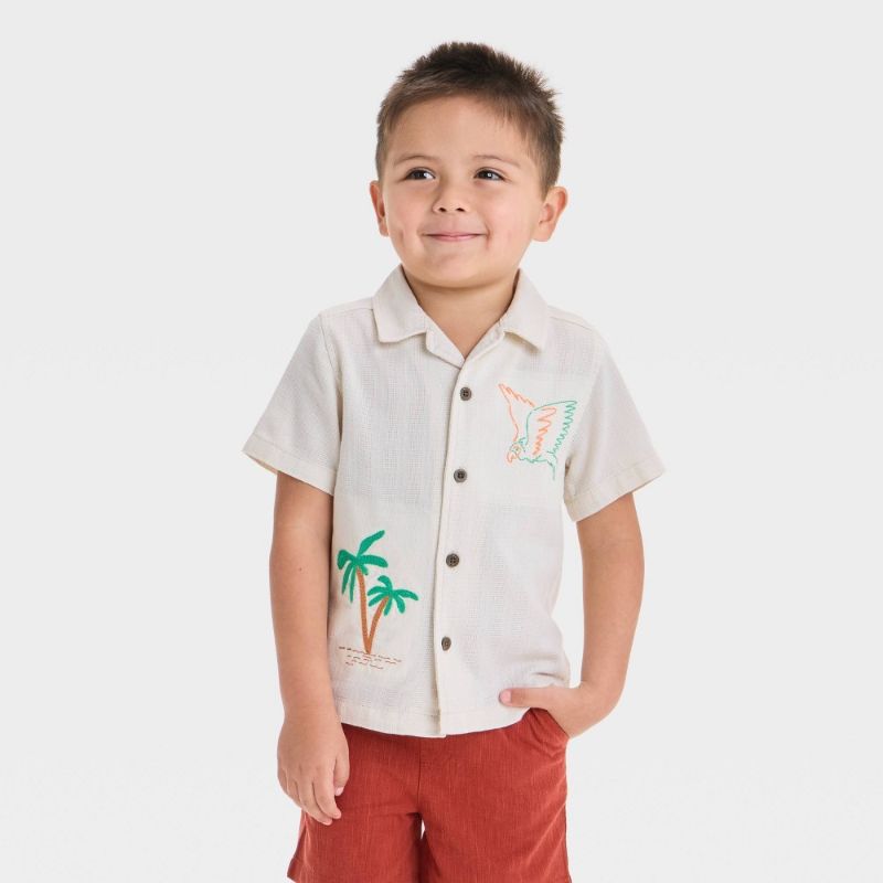 View 1 of 2T Toddler Boys' Embroidered Tropical T-Shirt - Cat & Jack™ Cream 2T: Bird Pattern, Button Down