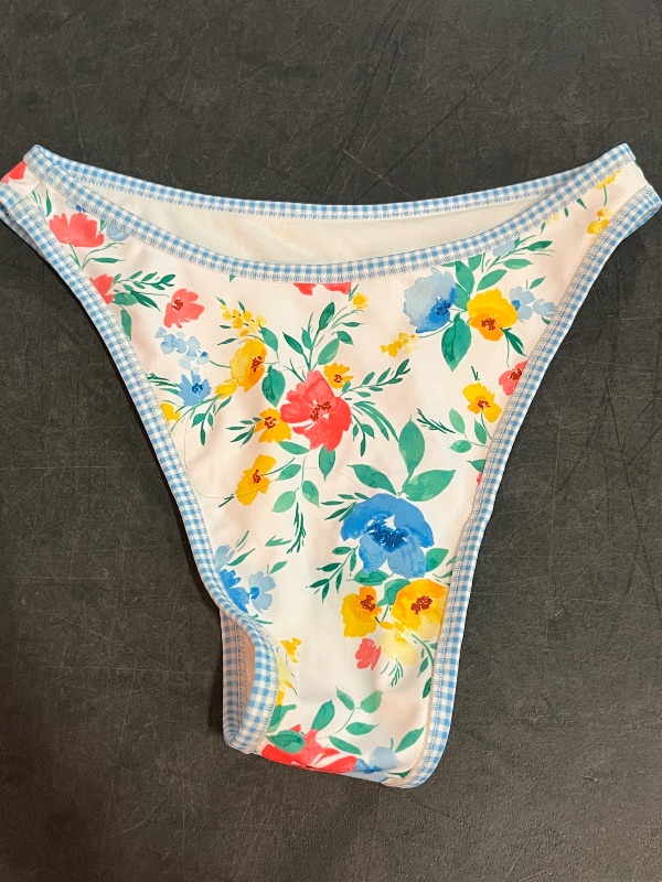 Photo 1 of (XS) Women's Contrast Binding Mid-Rise Ultra High Leg Super Cheeky Bikini Bottom - Wild Fable™ Blue Floral Print XS: Recycled Polyester, Spandex
