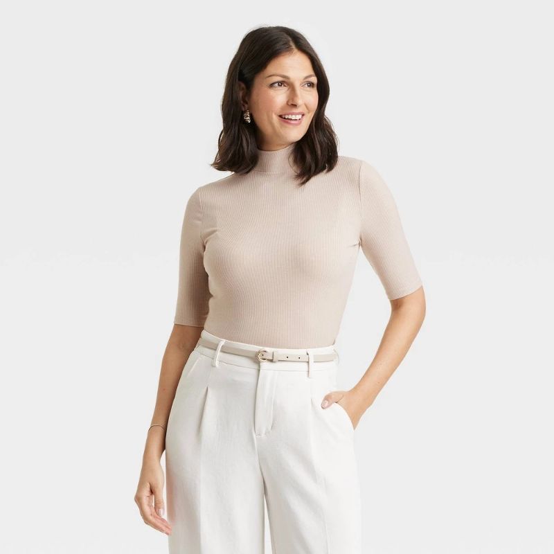 Photo 1 of (XS) Women's Elbow Sleeve Mock Turtleneck Ribbed T-Shirt - a New Day™ Beige XS