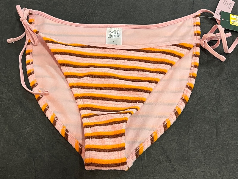 Photo 1 of (L) Women's Terry Cloth Striped Low-Rise High Leg Cheeky Side-Tie Bikini Bottom - Wild Fable™ Orange L: Recycled Polyester, Spandex, Full Lining
