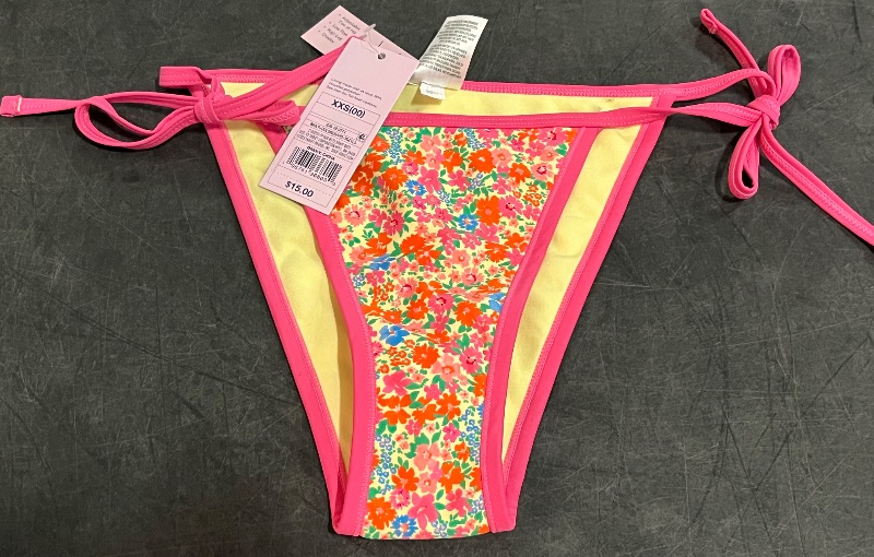 Photo 1 of (XXS) Women's Contrast Binding Low-Rise High Leg Cheeky Side-Tie Bikini Bottom - Wild Fable™ Pink Floral Print XXS: Elastic, Stretch Fabric
