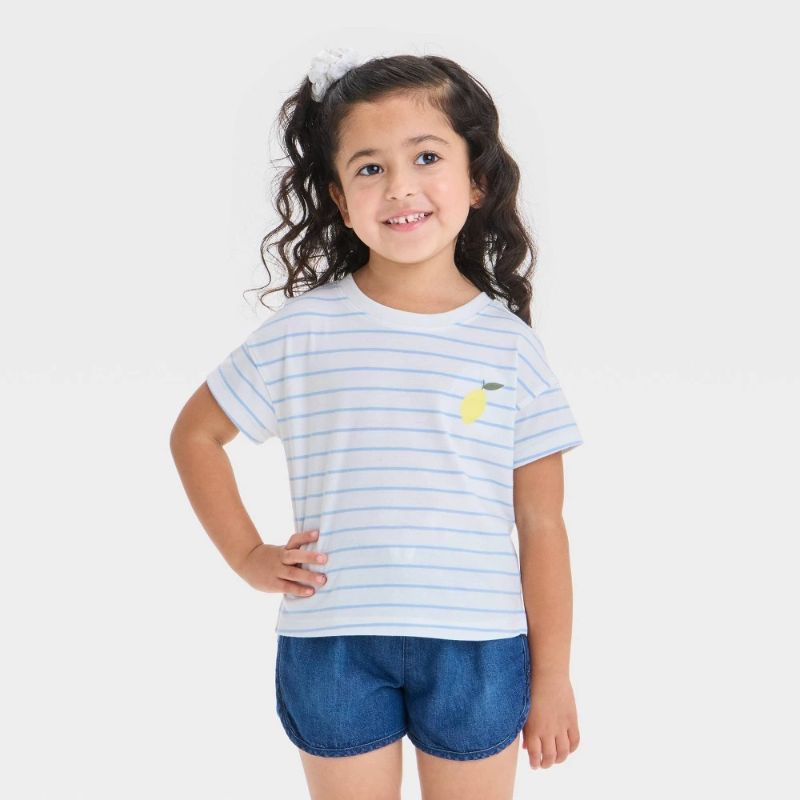 Photo 1 of 18M Toddler Girls' Lemon Striped Graphic T-Shirt - Cat & Jack™ Light Blue 18M: Cotton Blend, Crew Neck, Short Sleeve, Below Waist
