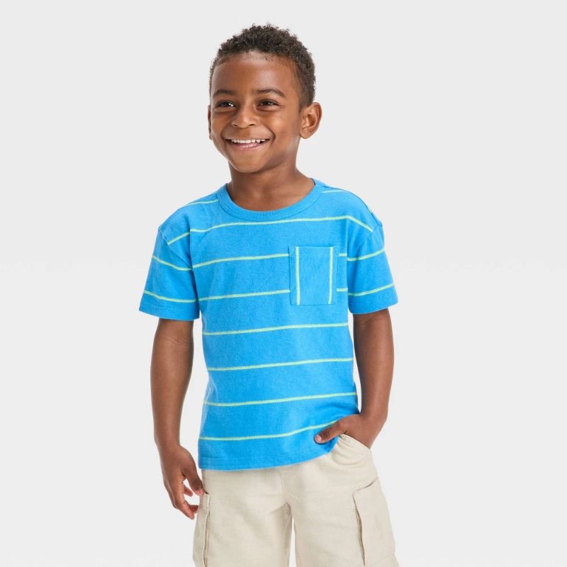 View 1 of (2T) Toddler Boys' Short Sleeve Striped Jacquard Oversized Shirt - Cat & Jack™ Blue 2T
