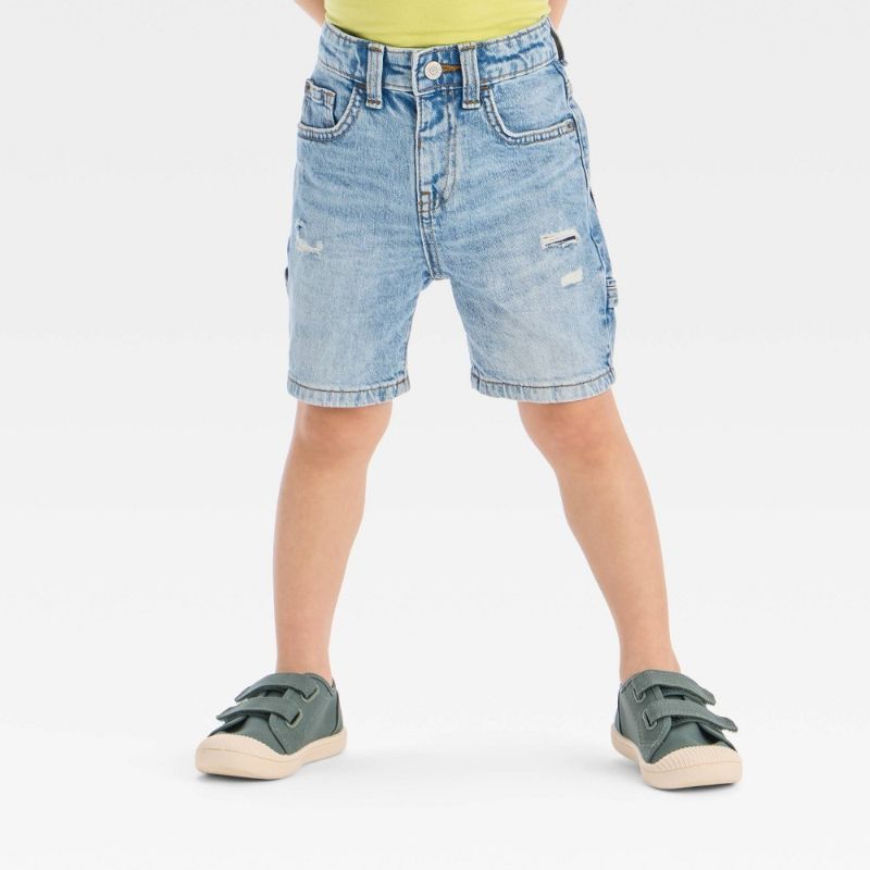 Photo 1 of 12M Toddler Boys' Button-Front Destructed Shorts - Cat & Jack™ Light Wash 12M: Cotton-Spandex Blend, Adjustable Waistband, Denim
