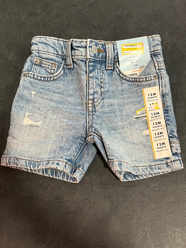 Photo 1 of 12M Toddler Boys' Button-Front Destructed Shorts - Cat & Jack™ Light Wash 12M: Cotton-Spandex Blend, Adjustable Waistband, Denim
