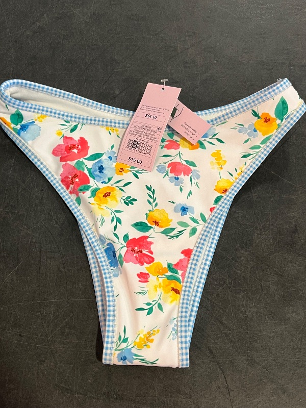 Photo 1 of (S) Women's Contrast Binding Mid-Rise Ultra High Leg Super Cheeky Bikini Bottom - Wild Fable™ Blue Floral Print S: Recycled Polyester, Spandex
