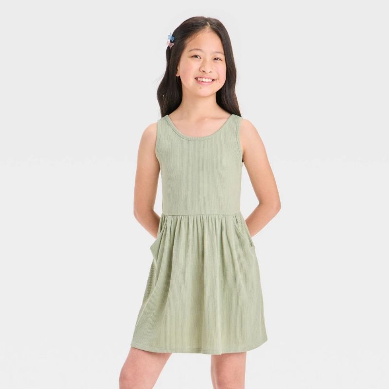 Photo 1 of (M) Girls' Ribbed Tank Dress - Cat & Jack™ Light Olive Green M: Sleeveless Skater, Scoopneck, Side Pocket
