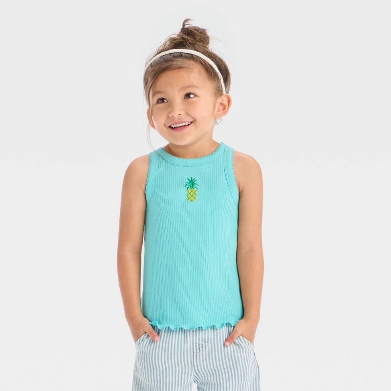 Photo 1 of 3T Toddler Girls' Pineapple Ribbed T-Shirt - Cat & Jack™ Turquoise Green 3T
