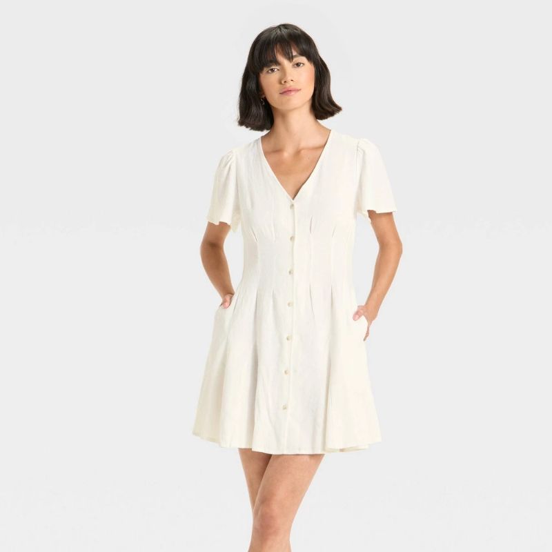 Photo 1 of (S) Women's Short Sleeve Button-Front Mini a-Line Dress - Universal Thread™ White S
