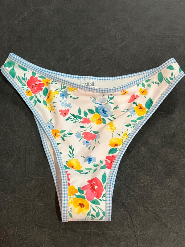 Photo 1 of (S) Women's Contrast Binding Mid-Rise Ultra High Leg Super Cheeky Bikini Bottom - Wild Fable™ Blue Floral Print S: Recycled Polyester, Spandex
