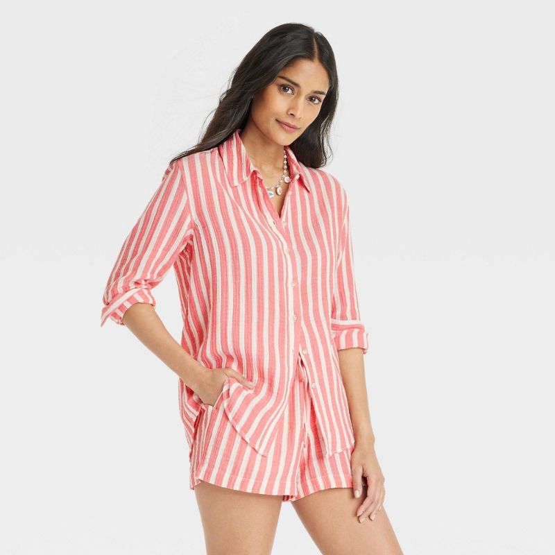 Photo 1 of (S) Women's Gauze Long Sleeve Collared Button-Down Shirt - Universal Thread™ Coral Pink Striped S: Casual Woven Top
