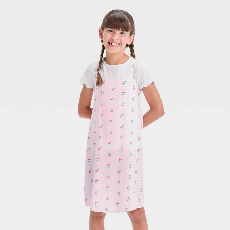 View 1 of (S) Girls' Short Sleeve Top and Slip Dress - Cat & Jack™ Light Pink/Black S: Botanical Pattern, Midweight Fabric, Machine Washable

