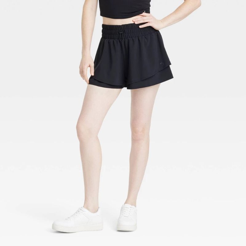 Photo 1 of (XXL) Women's Double Layer Woven Mid-Rise Shorts 2.5" - JoyLab™ Black XXL: Bottoms, Built-in Brief, Side Pocket, Elastic Waistband
