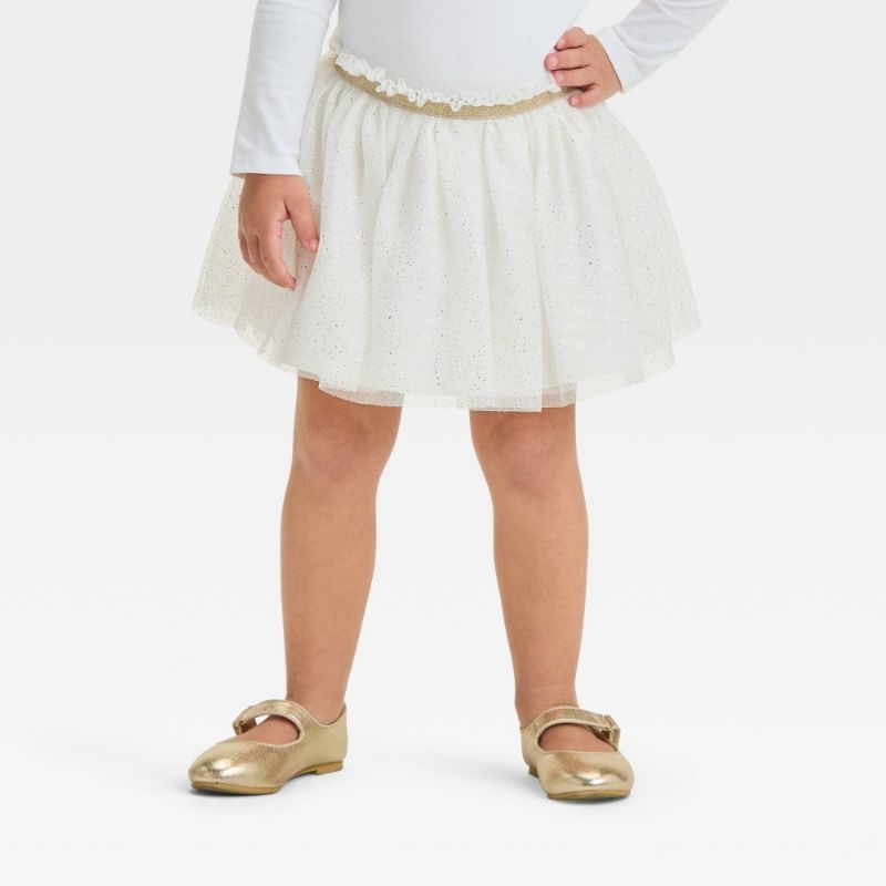 View 1 of 2T Toddler Girls' Glitter Tutu Skirt - Cat & Jack™ Cream 2T: Adjustable Waistband, Mesh, Shapes Pattern