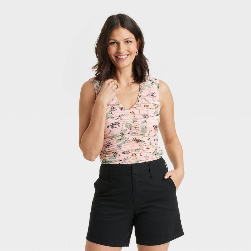 Photo 1 of (L) Women's Mesh Ruched Tank Top - a New Day™ Pink Floral L: Recycled Polyester, Spandex, Lightweight Knit, V Neck, Sleeveless
