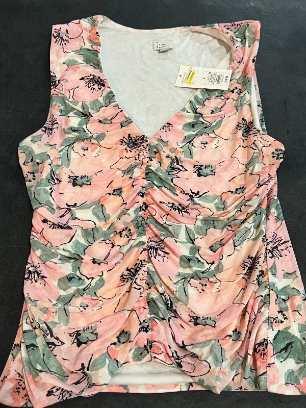 Photo 1 of (L) Women's Mesh Ruched Tank Top - a New Day™ Pink Floral L: Recycled Polyester, Spandex, Lightweight Knit, V Neck, Sleeveless
