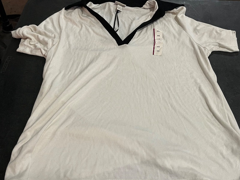 View 2 of (XXL) Women's Short Sleeve Ribbed Polo Shirt - Ava & Viv™ Cream XXL: Heavyweight Rayon-Spandex Blend, Slim Fit, Below Waist Length