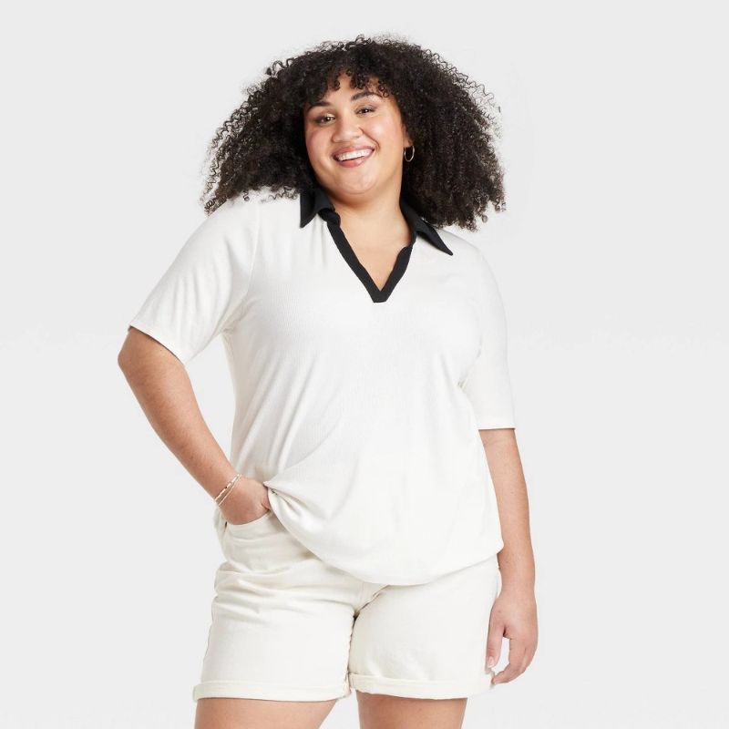 View 1 of (XXL) Women's Short Sleeve Ribbed Polo Shirt - Ava & Viv™ Cream XXL: Heavyweight Rayon-Spandex Blend, Slim Fit, Below Waist Length