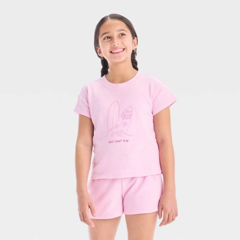 Photo 1 of (L) Girls' Short Sleeve 'Surf' Terry Top - Cat & Jack™ Light Purple L: Cotton Blend, Recycled Polyester, Crew Neck, Below Hip Length
