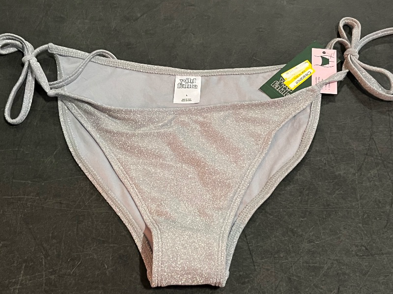 Photo 1 of (L) Women's Sparkle Low-Rise High Leg Cheeky Side-Tie Bikini Bottom - Wild Fable™ Silver L: Nylon Spandex Blend, Full Lining, Hand Wash
