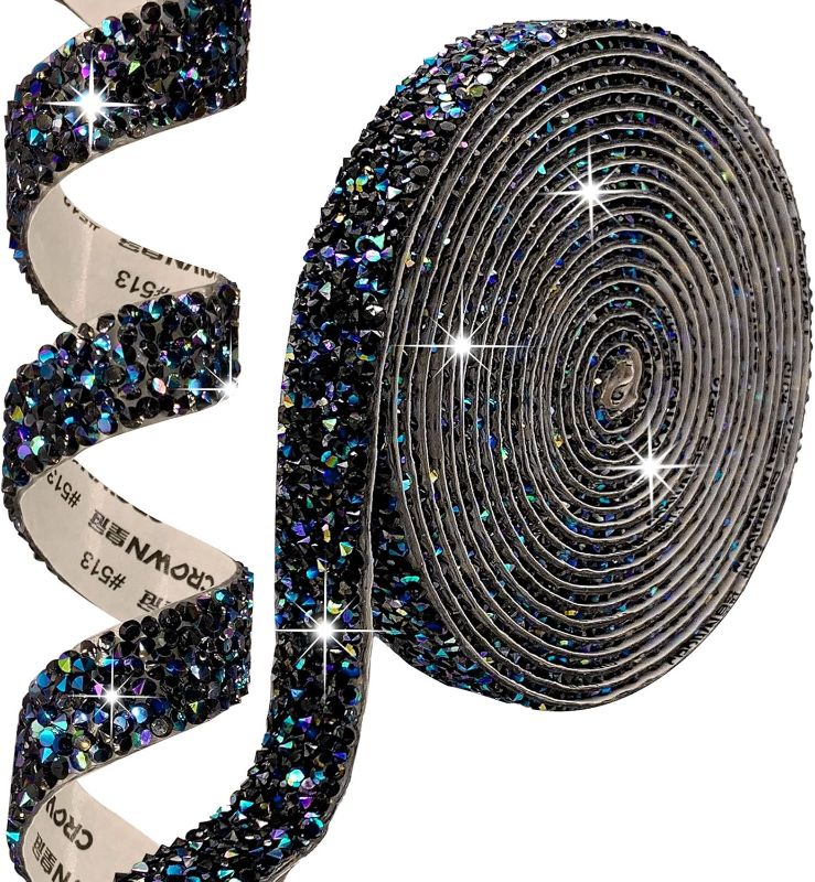 Photo 1 of Self Adhesive Black Resin Rhinestone Strips Rhinestones Ribbon?4 Yards Bling Crystal Ribbons Diamond Sticker Applicable to Wedding Birthday Christmas Party DIY Crafts (Black AB)
