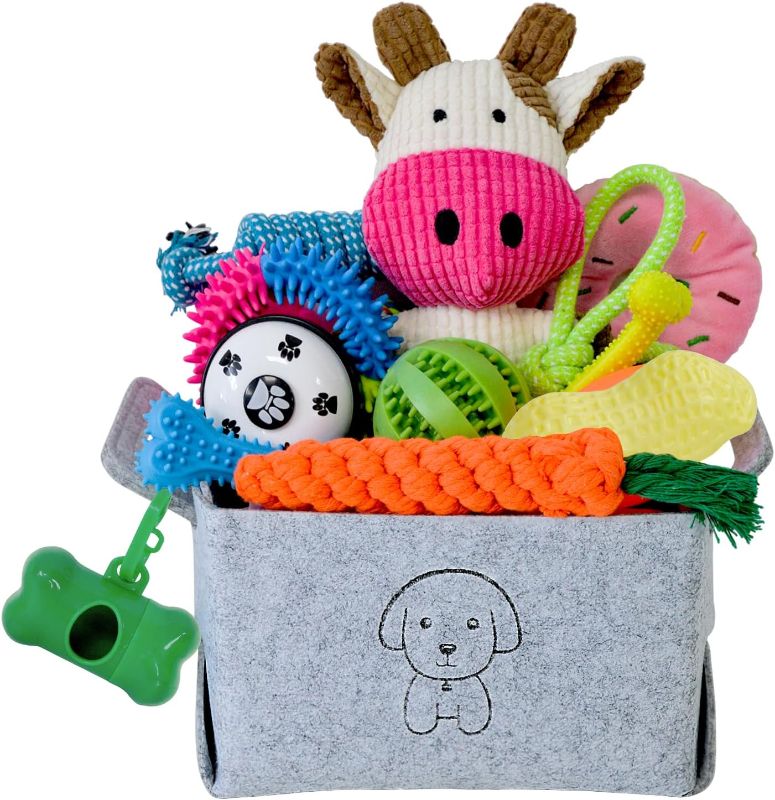 Photo 1 of 20Pcs Puppy Chew Toys for Teething, Dog Chew Toys with Rope Toy, Pet Dog Toothbrush, Treat Balls, Plush Toys and Squeaky Toys for Small Medium Dogs with Basket
