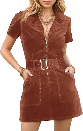 Photo 1 of Women's Corduroy Mini Dress Short Sleeve Lapel Zip Up Belted Cowgirl Dresses with Pockets large