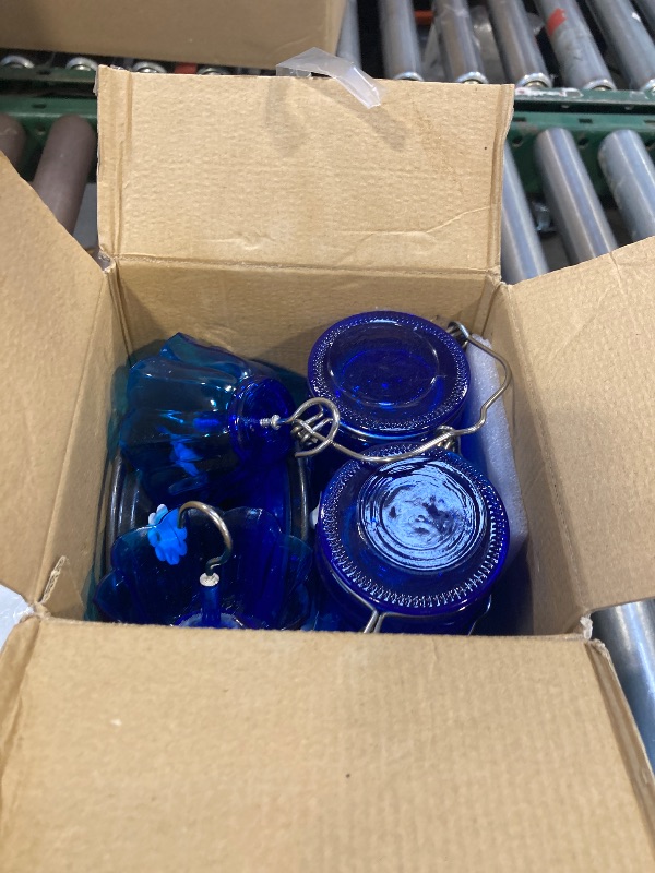 Photo 1 of Kingsyard 2 Pack Glass Hummingbird Feeder for Outdoors, 16 Oz Wild Bird Feeder with 6 Feeding Ports Hanging for Garden Yard, Blue (Ant Moat Included)