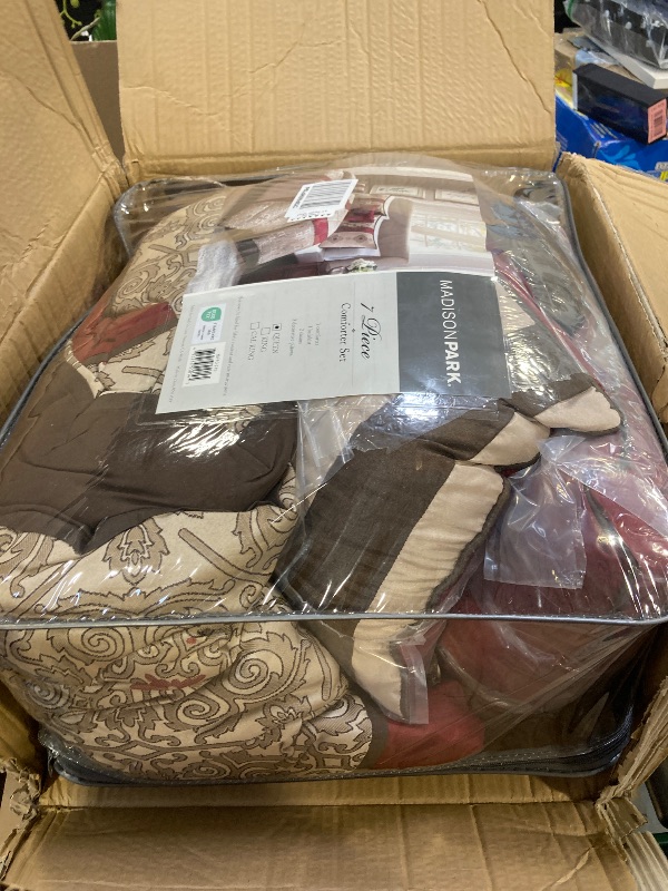 Photo 1 of Madison Park Comforter Faux Silk-Traditional Luxurious Jacquard Design All Season Set, Matching Bed Skirt, Decorative Pillows, Queen(90"x90"), Red 7 Piece