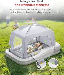 Photo 1 of QPAU Inflatable Toddler Travel Bed with Tent, Baby Crib Tent, Portable Kids Air Mattress with Safety Bumpers, Ideal for Home, Grandma's, Camping, Traveling