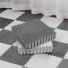 Photo 1 of Flutesan 15 Pcs Plush Foam Floor Mat Square Interlocking Carpet Tiles with Border Fluffy Play Mat Floor Tiles Soft Climbing Area Rugs for Home Playroom, 12 x 12 x 0.4 Inch, Gray)