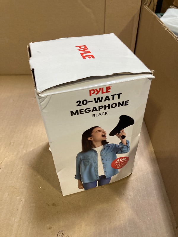 Photo 1 of Pyle 20W Megaphone Bullhorn - Portable, Automatic Siren & Adjustable Volume,Projection Range Up to 400 Square Yards, Aux Input, Talk, Siren, Music, Whistle, & Record, Shoulder Strap (Black)