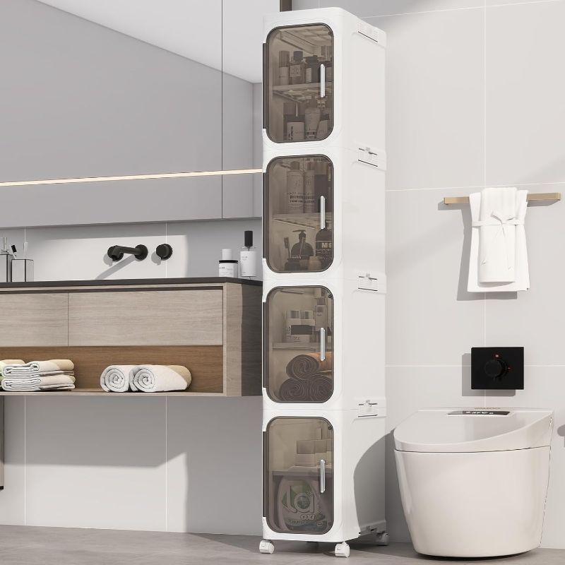 Photo 1 of 4-Tiers Slim Bathroom Storage Cabinet, Foldable Storage Cabinets,Narrow Bathroom Storage,Movable Bathroom Storage Organizer for Small Spaces,Bathroom,Kitchen,Laundry,White
