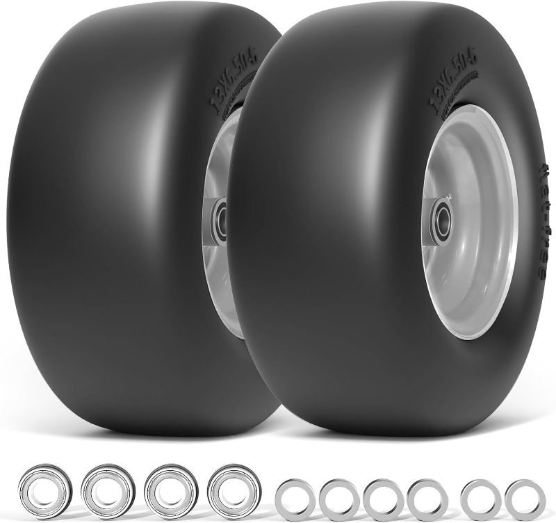 Photo 1 of 13x6.50-6 Lawn Mower Tires Flat Free, Zero Turn Mower Front Tires for Residential and Commercial, 13x6.5-6 Flat Free Tire and Wheel, 3/4" & 5/8" Bearing, 3.25"-7.65" Center Hub, 2Pack Gray
