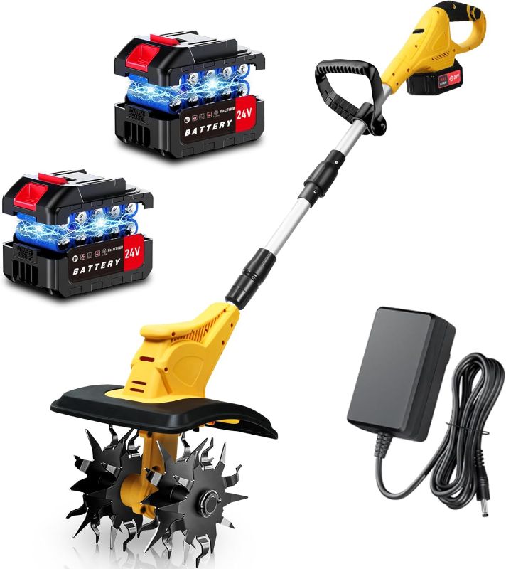 Photo 1 of 21V Cordless Garden Tiller & Cultivator, 360RPM Small Rototiller for Lawn & Soil, 9.06in Width, 2x3.0Ah Batteries for Gardens & Lawns (DT3070)
