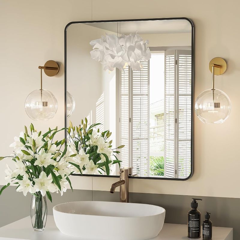 Photo 1 of 24x28 Black Rectangle Bathroom Mirrors for Over Sink, Bathroom Vanity Mirror for Wall, Black Metal Frame Rectangular Mirror for Restroom Powder Room Toilet, Shatterproof, Tempered Glass
