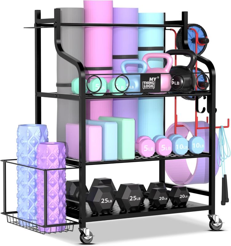 Photo 1 of Mythinglogic Yoga Mat Storage Racks,Home Gym Storage Rack for Dumbbells Kettlebells Foam Roller, Yoga Strap and Resistance Bands, Workout Equipment Storage Organizer With Hooks and Wheels
