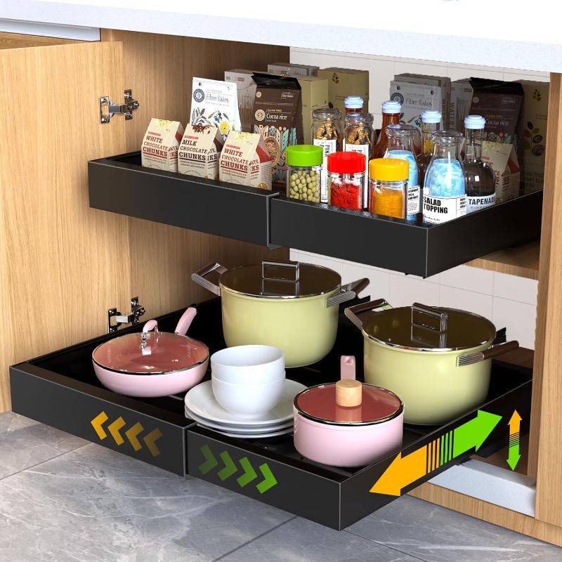 Photo 1 of 2 Pack Pull Out Cabinet Organizer,21" Deep Slide Out Drawer Organizers,No Drill Pull Out Drawers Adhesive with Nano Compatible Framed Cabinets Shelves for Kitchen Pantry Adjustable Width
