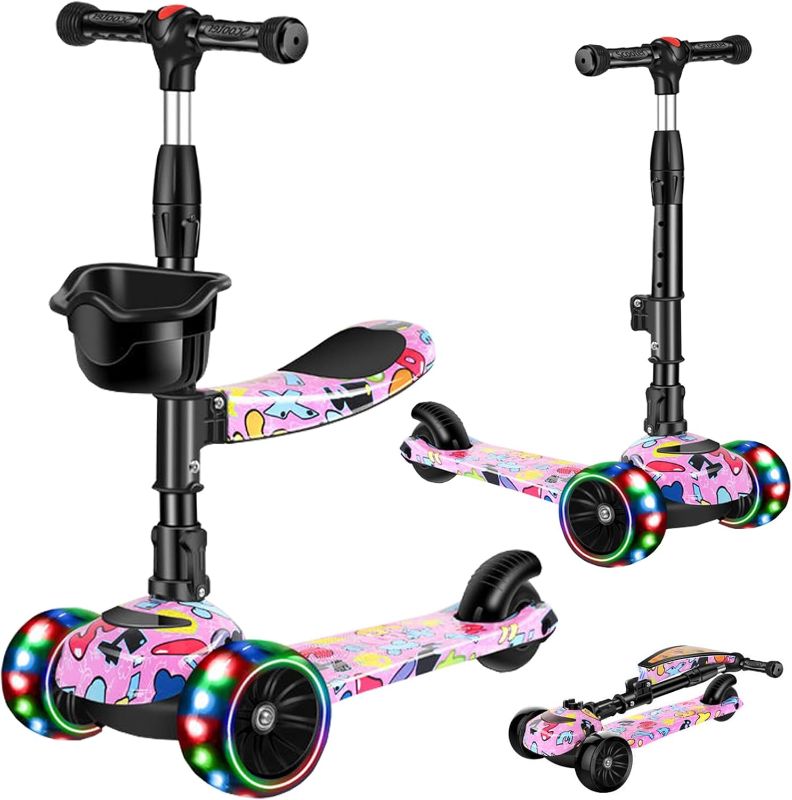 Photo 1 of 2-in-1 Kick Scooter for Kids Ages 3-8, Adjustable Height Foldable Scooter Removable Seat, 3 LED Light Wheels, Outdoor Activities for Toddlers Boys Girls
